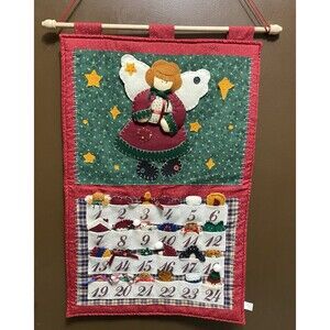 Vtg Felt & Fabric Hanging Advent Calendar Angle Christmas Holiday w/ Ornaments